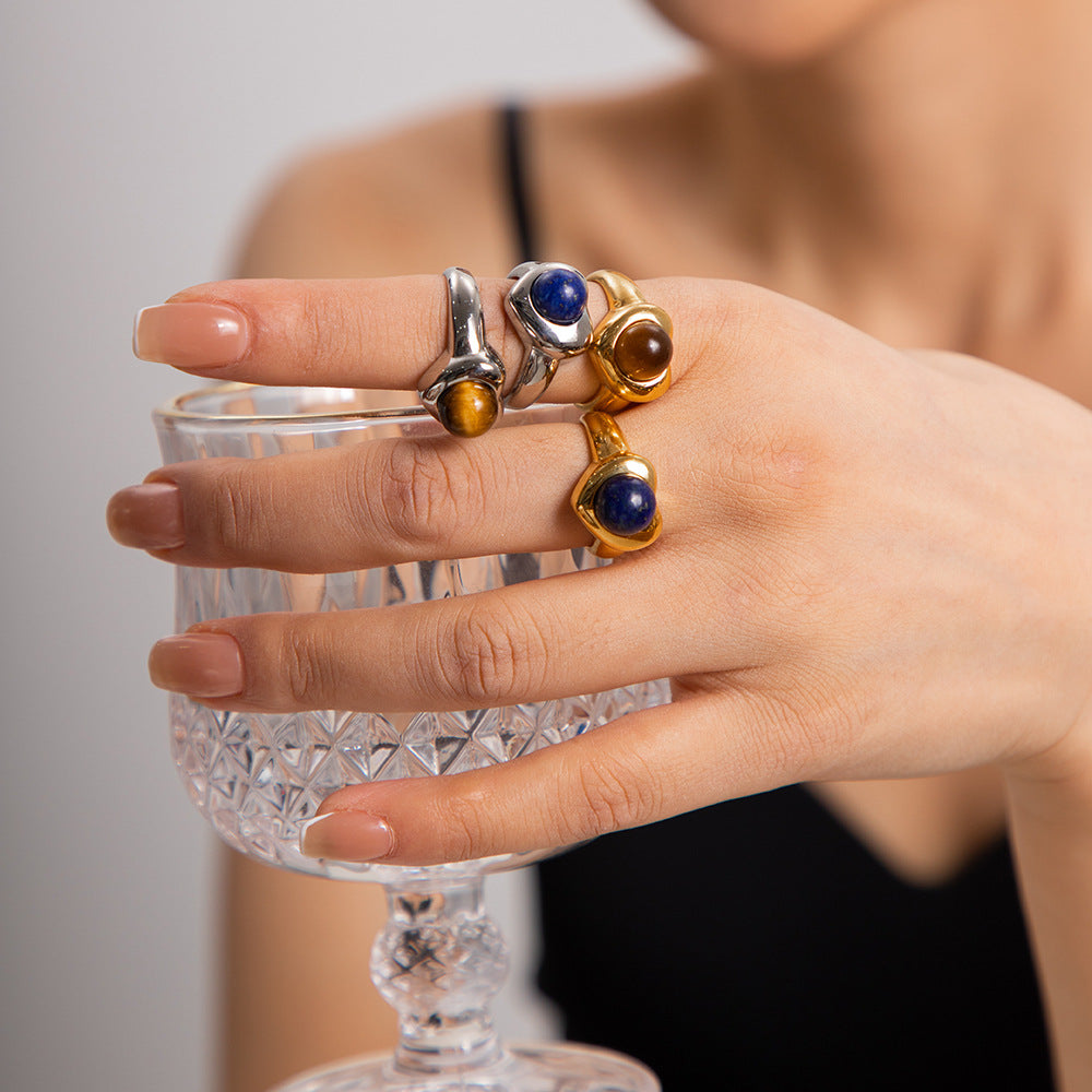 5pcs New Fashion Gold-Plated Stainless Steel 18K Gold Stainless Steel Tiger Eye Stone Love Ring Fashion Jewelry