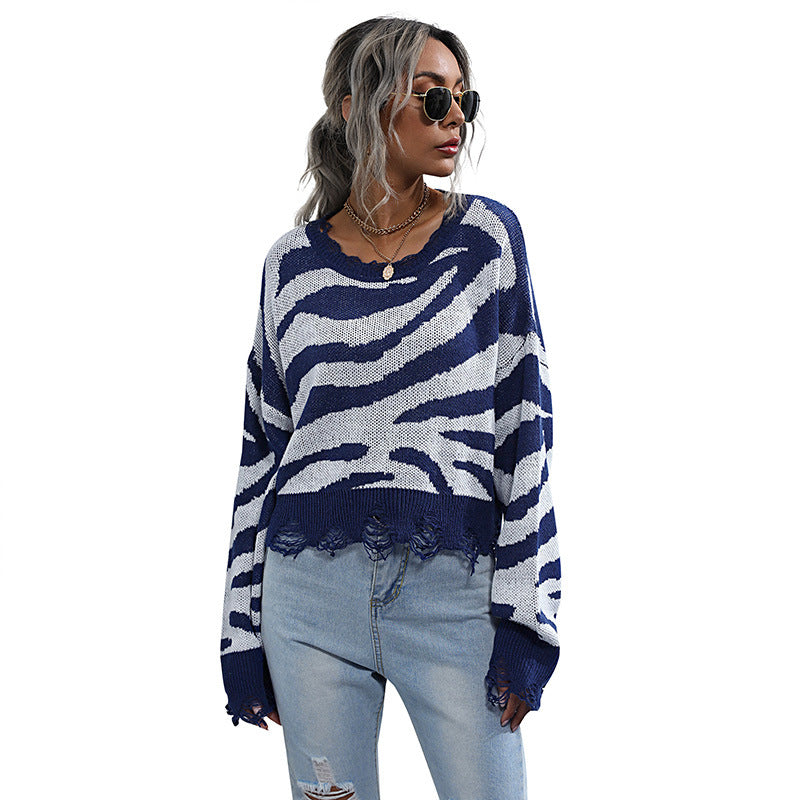 Women's Autumn Knit With Blue Zebra Crewneck Sweater Women Loose