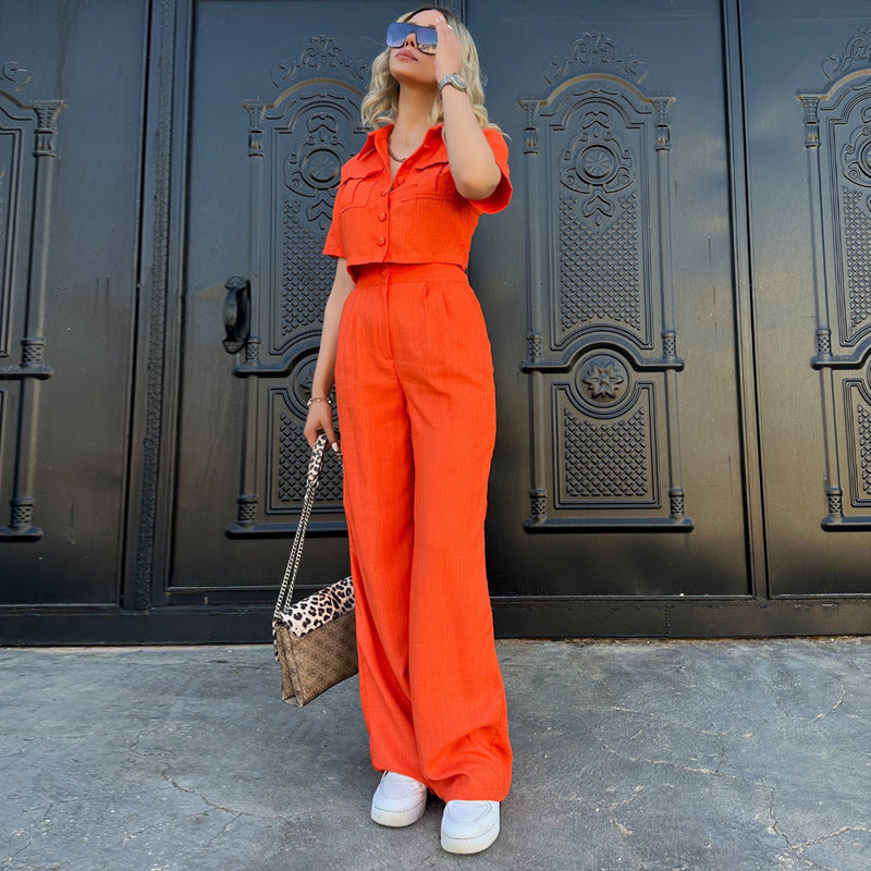 Women's Summer Short Women's Crop Short-Sleeved Blouse And Trousers Two-Piece Set