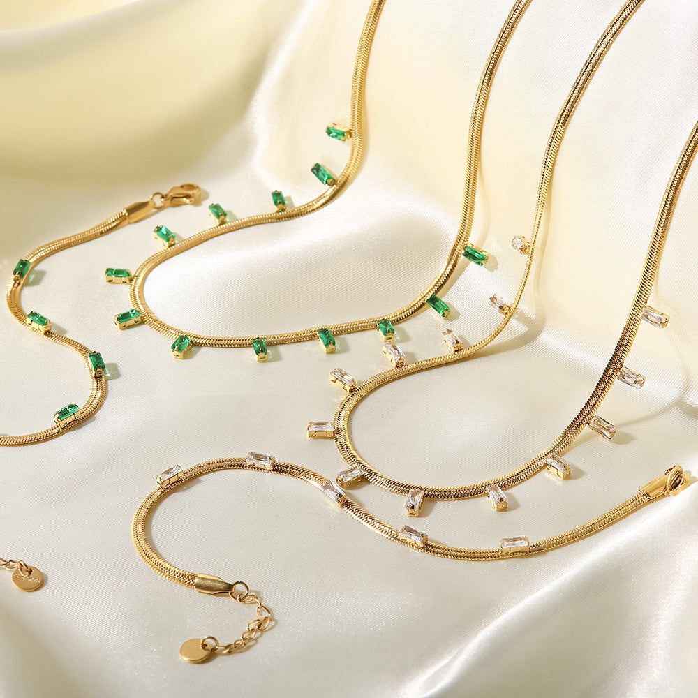 5pcs Women's New 14K Flat Snake Chain Square Green/White Zircon Necklace Bracelet Combination Set