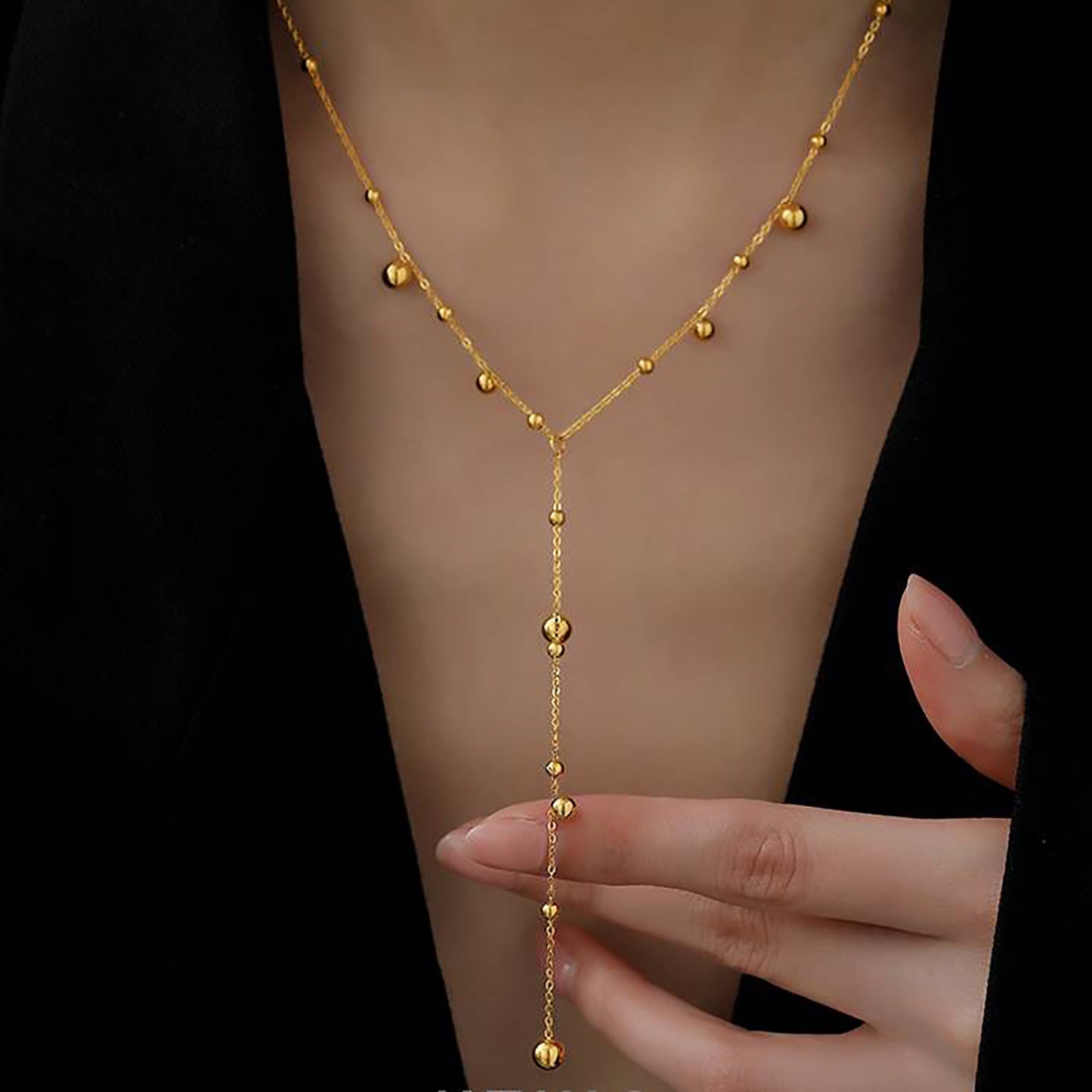 5pcs New 18K Gold Plated Long Fringe Bead Chain Necklace Stainless Steel Round Bead Fringe Hanging Necklace For Women Jewelry