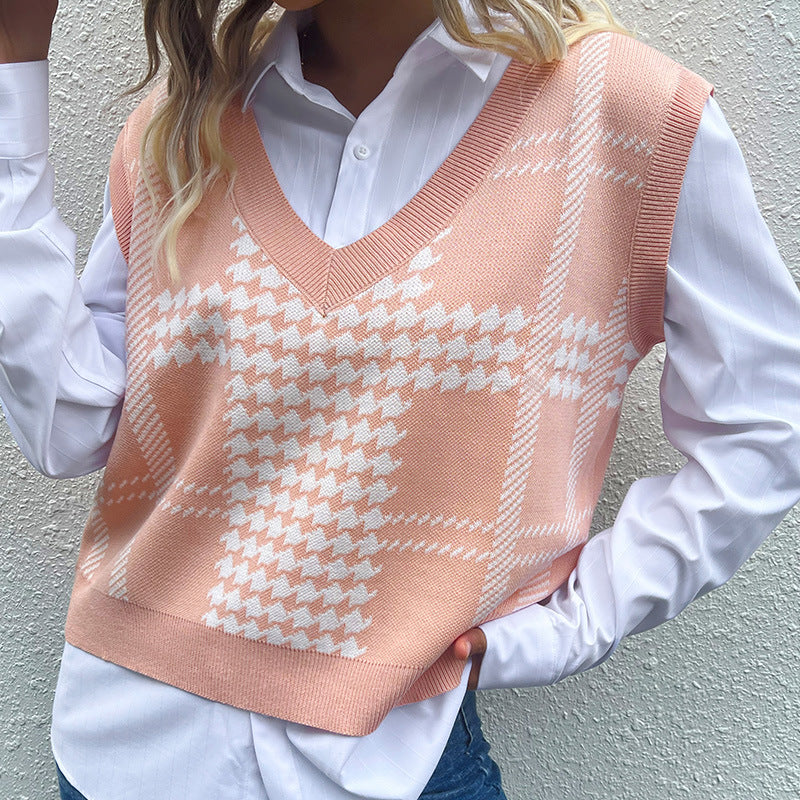 New Early Autumn Fashion Women's Sleeveless Jacquard Thousand Bird Sweater Vest Woman