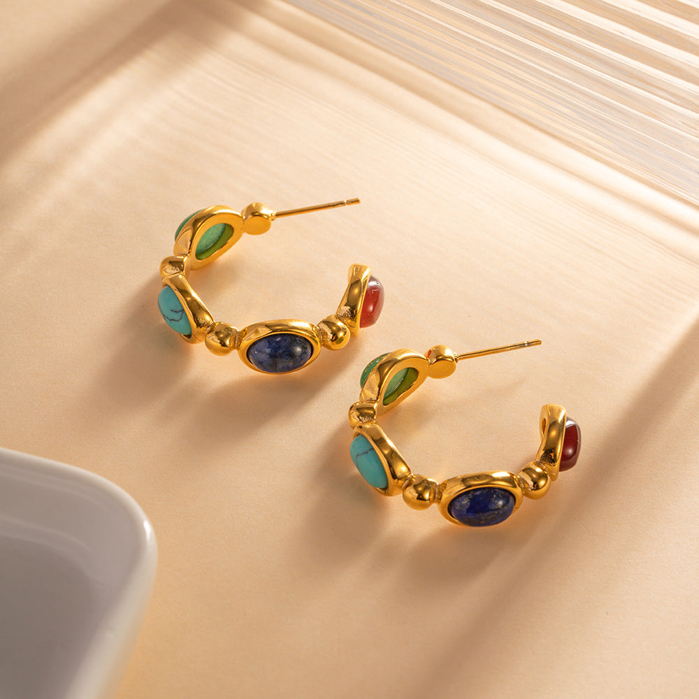 5pcs 18K Gold-Plated Stainless Steel Inlaid Natural Stone C-Shaped Stainless Steel Earrings Fashion All-Match Earrings