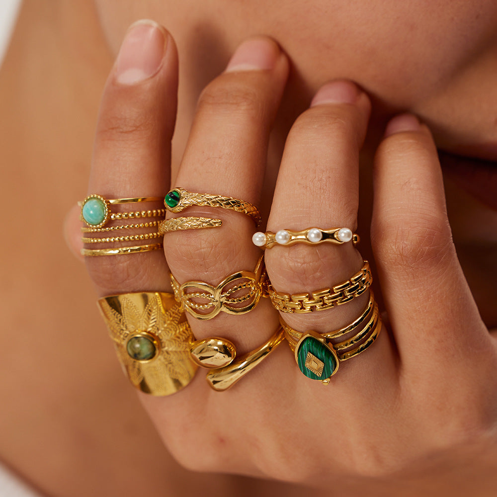 5pcs 18K Gold Plated Stainless Steel Design Natural Malachite Ring Women Do Not Fade Jewelry