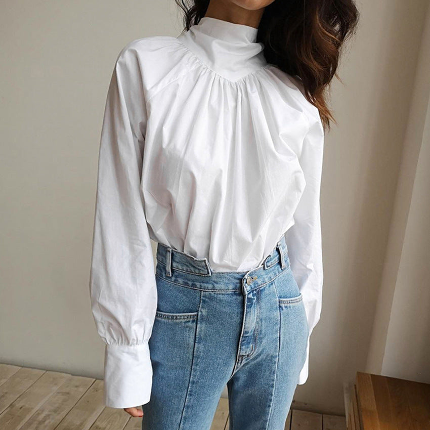 Autumn Bow Shirt Women's High Collar Stand Collar Of Small White Dress Shirt Temperament Top