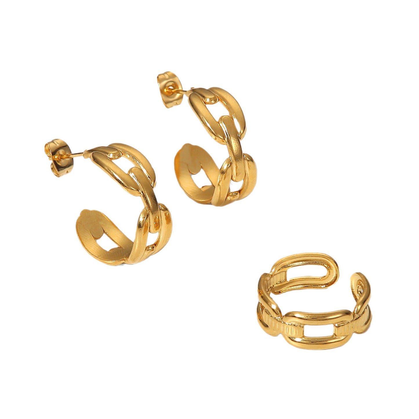 5pcs 18K Gold Stainless Steel Earring Coffee Bean Buckle Chain C Stud Ring Rectangular Buckle Open Ring