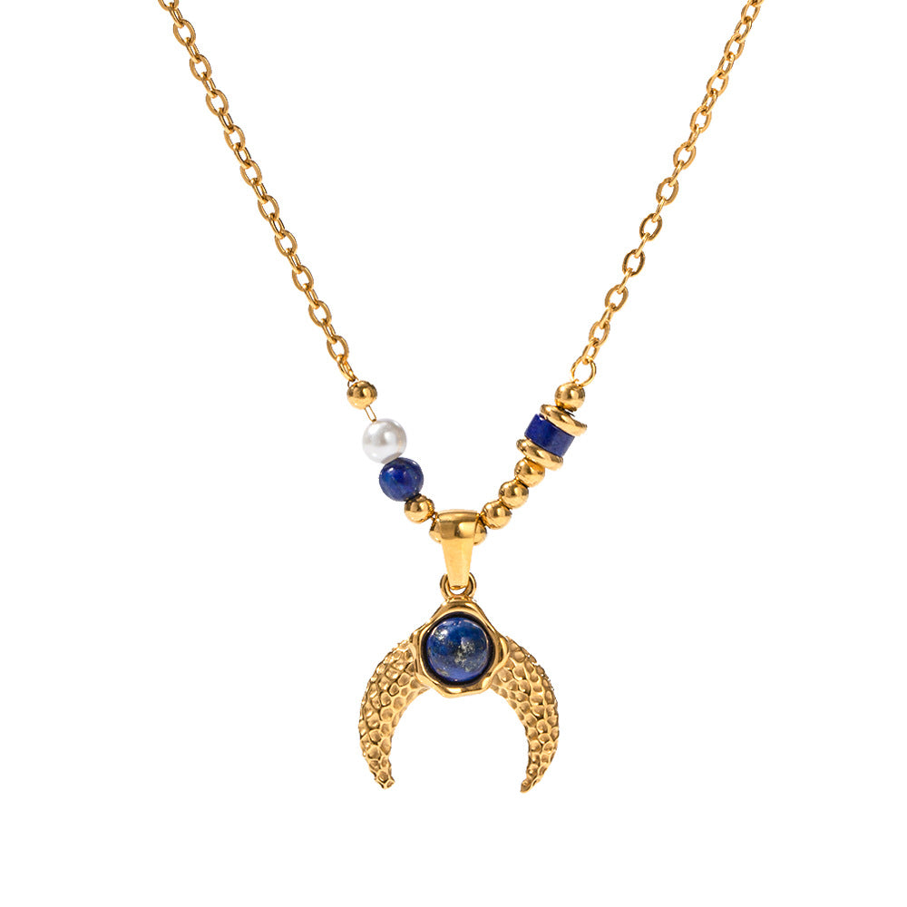 5pcs Fashion Popular 18K Stainless Steel Pearl Lapis Lazarus Horn Pendant Necklace Jewelry