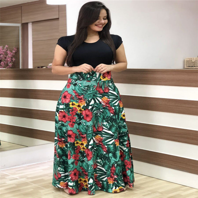 Cross Aliversion Of Style Flower Print Color Short-Sleeved Large-Size Dress Female