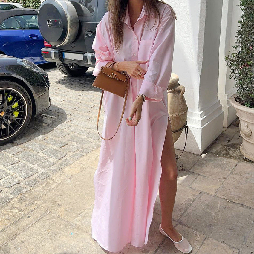 White Pure Cotton Temperament Elegant Split Long-Sleeved Dress New Autumn Fashion Loose Casual Women