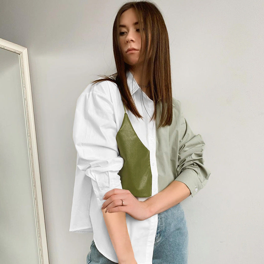 Spring Contrast Color Commuter Shirt Women's Design Sense Splicing Pu Leather Fake Two Long Sleeve Loose Shirt