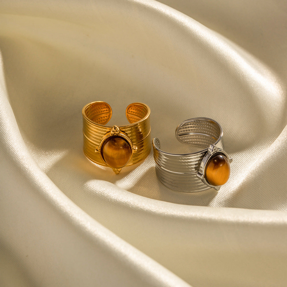 5pcs New 18-Karat Gold Natural Stone Tiger Bead Wide Opening Ring Stainless Steel Vintage High Quality Jewelry Ring For Women