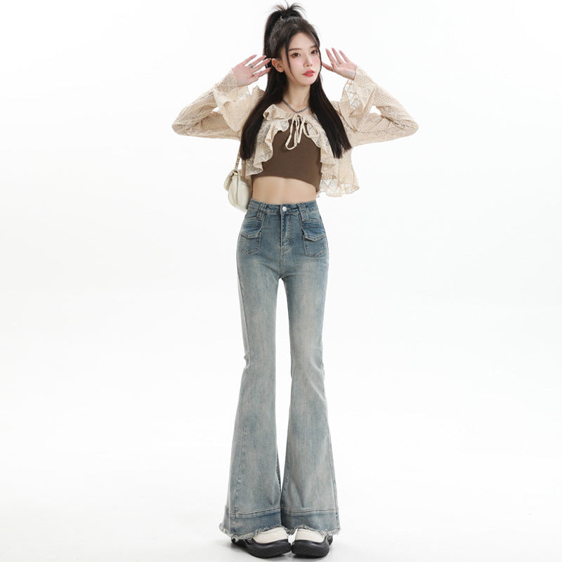 Micro High-Waisted Jeans Women's Double Pocket Advanced Slim Flared Pants Thin Mopping Pants Autumn And Winter