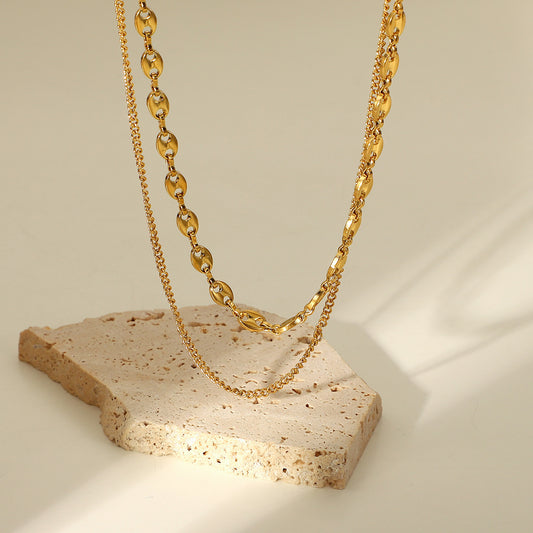 5pcs New 18K Gold-Plated Pig Nose Chain Double-Layer Necklace Fashion Simple Style With Stainless Steel Necklace