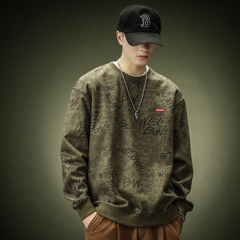 Suede Crewneck Hoodie Men's Spring And Autumn All Loose Large Size Leisure Sports Long-Sleeved Top
