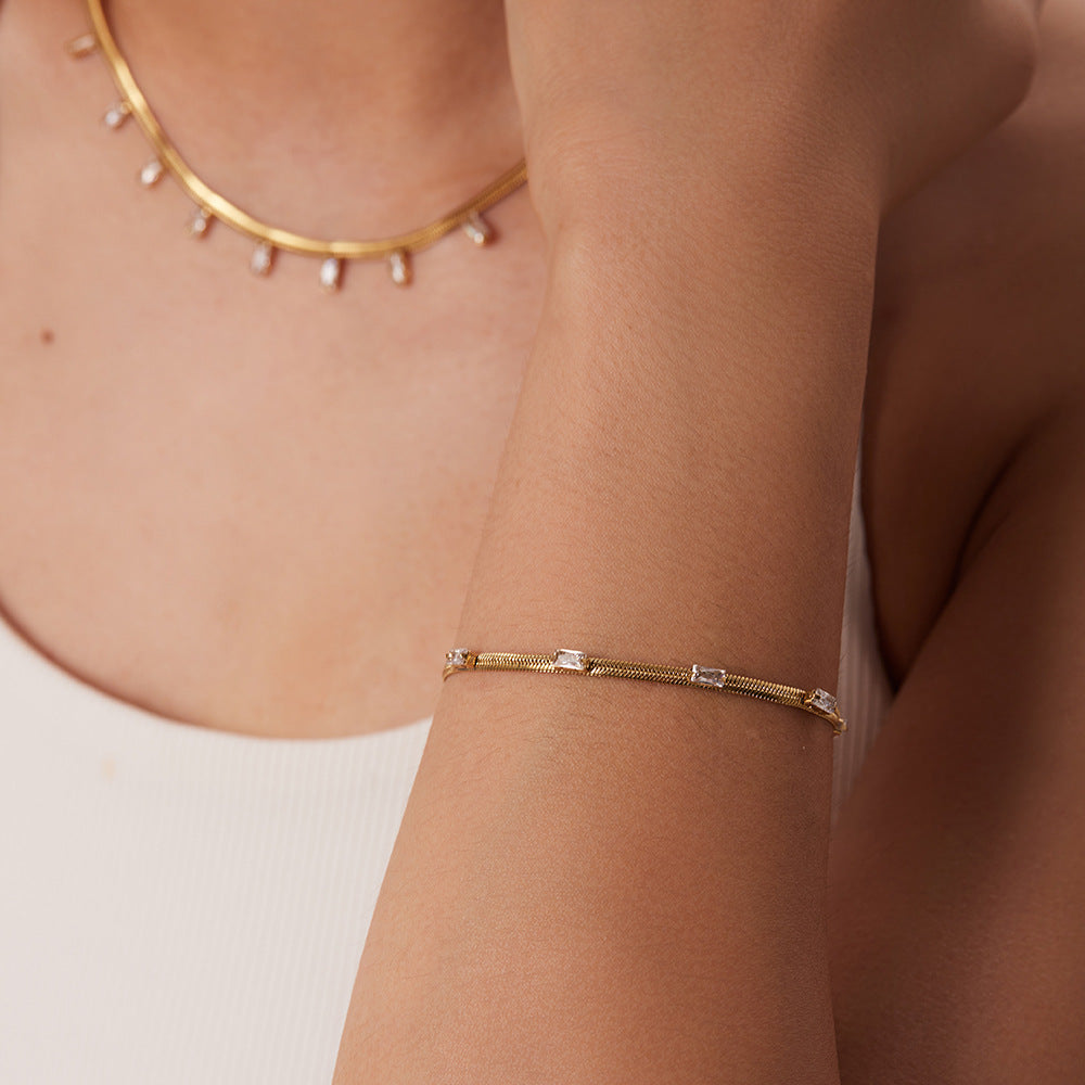 5pcs Women's New 14K Flat Snake Chain Square Green/White Zircon Necklace Bracelet Combination Set