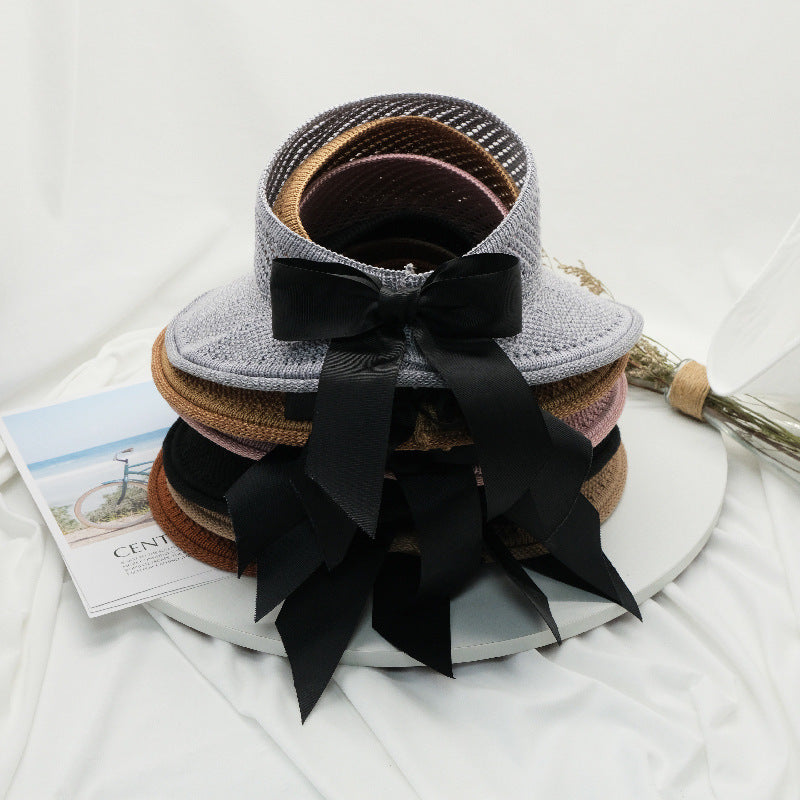 New Summer Hats Women's Sun Hat Empty Straw Hat Large Eaves Bow Foldable Beach Hat Sun Block Hat