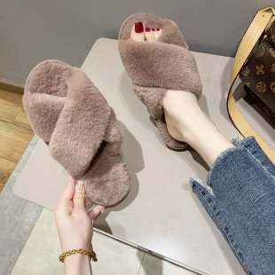Autumn And Winter New Big Rabbit Velvet Cross-Belt Couple Floor Cotton Slippers Indoor Home Warm Non-Slip Plush Cotton Slippers