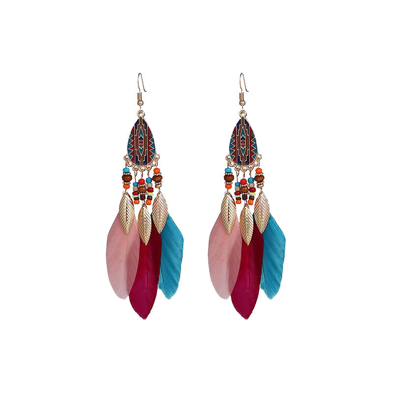 Water Drop Fringe Feather Earrings Women's Long Boho Rice Beads Ears Ethnic Wind Travel Holiday Accessories