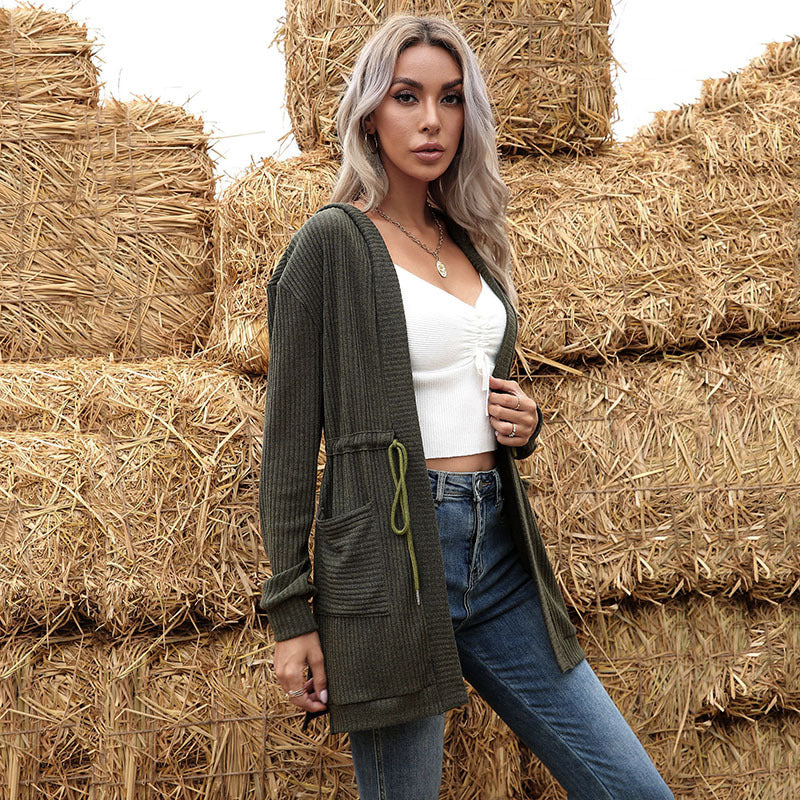 Autumn Solid Color Long Sleeve Cardigan Knit Hooded Sweater Coat Women