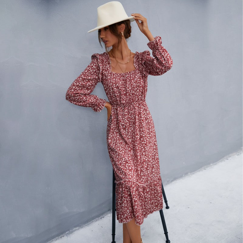 New Fashion Spring Women's Long-Sleeved Floral Square Collar Dress