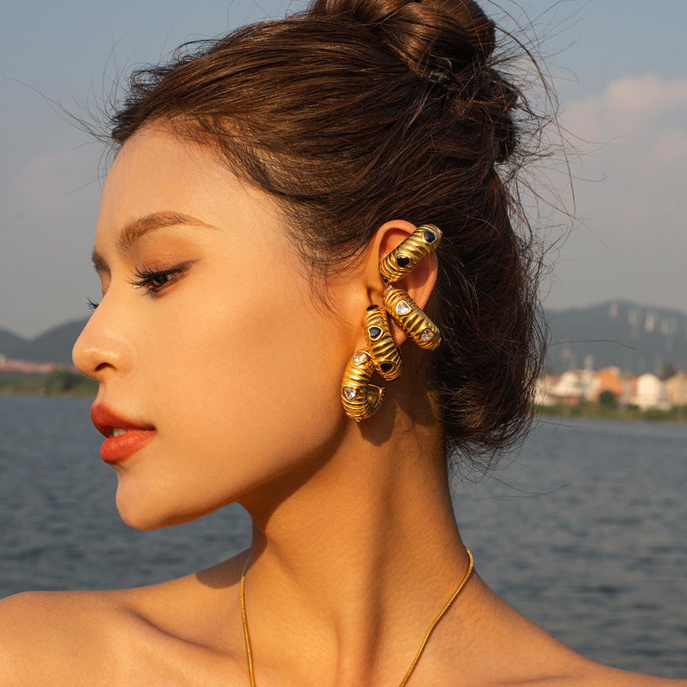 5pcs 18K Gold Stainless Steel Inlaid With Black Zircon Bread Earrings Do Not Fade Jewelry