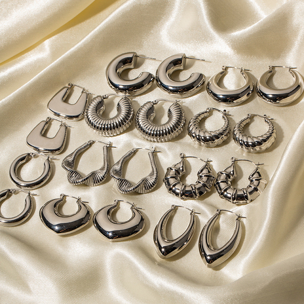 5pcs Steel Color Stainless Steel Smooth Hollow Earrings Blogger With Fashion All Round Hoop Earrings Girl