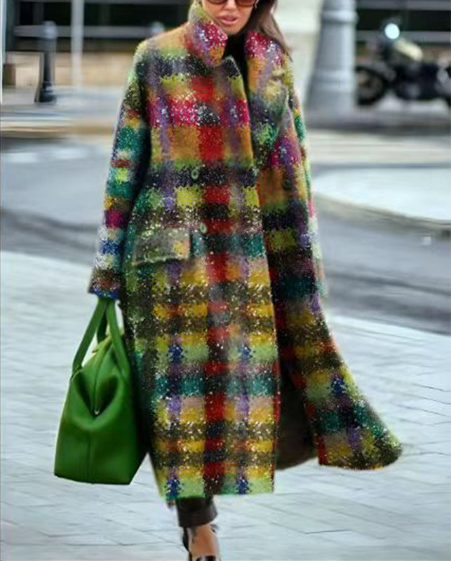 New Autumn Women's Long Sleeve Lapel Coat Printed Wool Long Coat