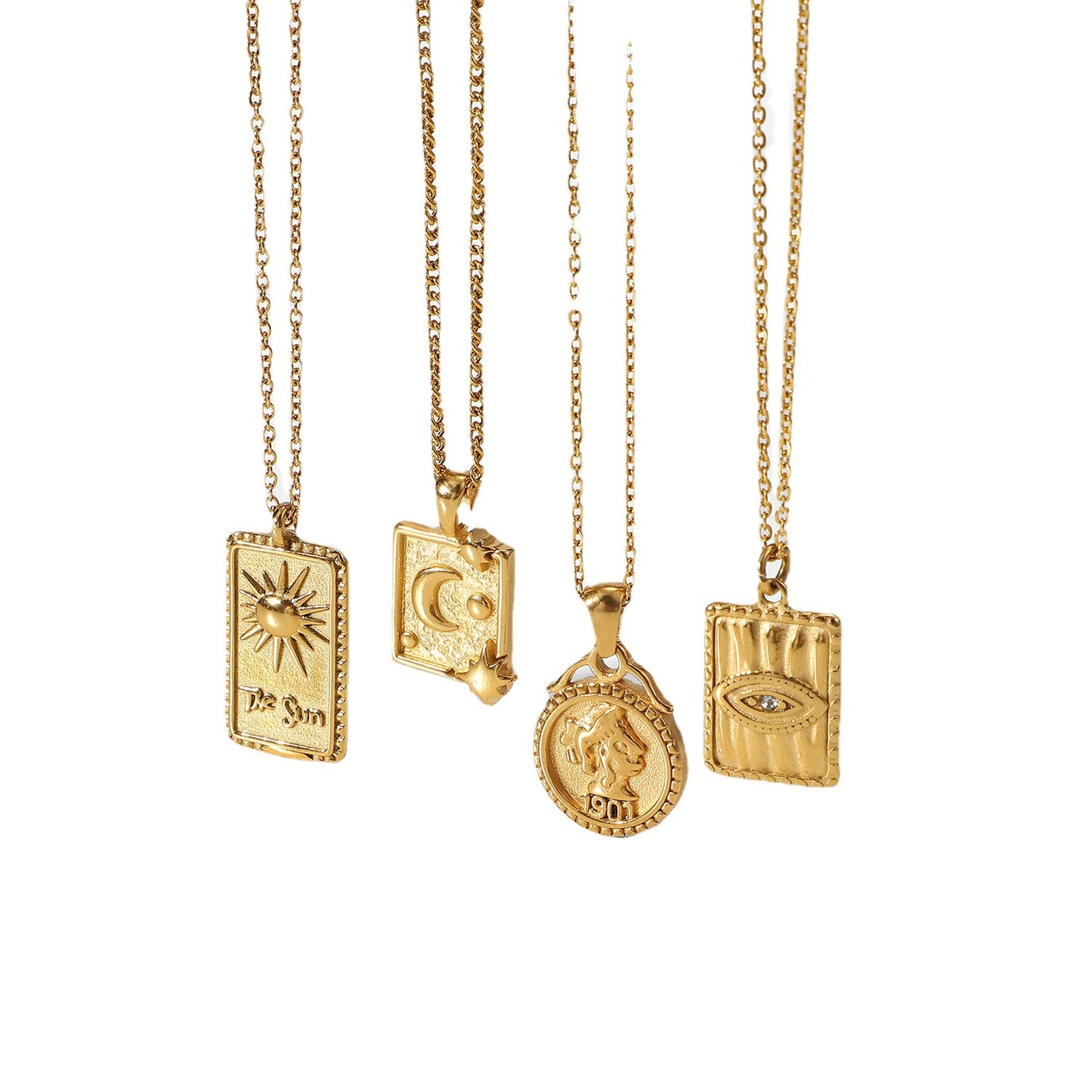 5pcs 18K Gold Plated Stainless Steel Jewelry Party Moon Sun Embossed Diamond Eyes Square Pendant Necklace For Women
