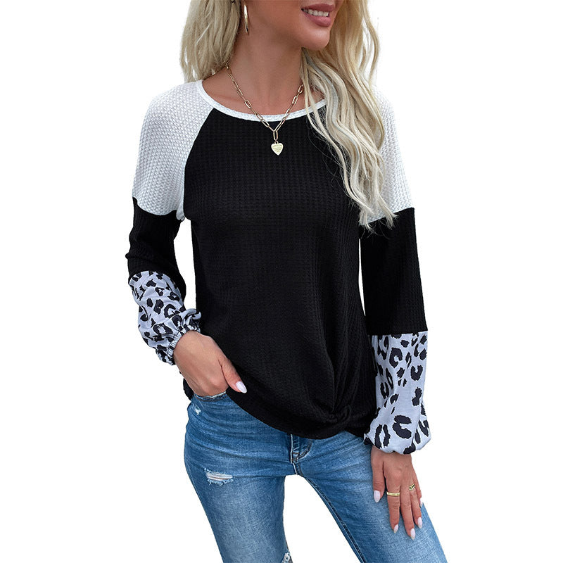 New Splicing Women's Autumn Leopard Print Long Sleeve Color Pullover Sweater