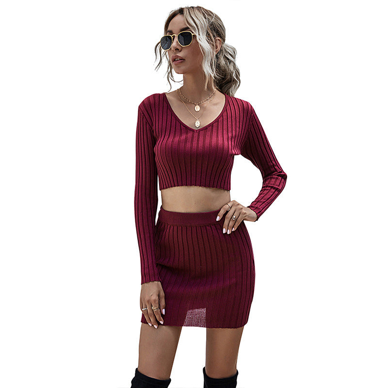Women's Short Crop Red Knitted Skirt Set Two Sets