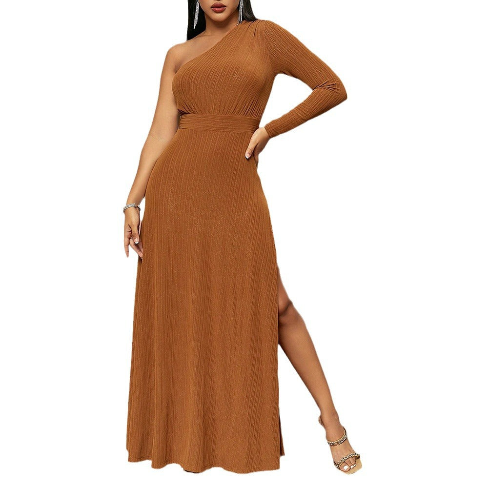 Spring And Autumn New Style Sexy Temperament Women's Dress Slim Shoulder Long Sleeve Slit Casual Dress