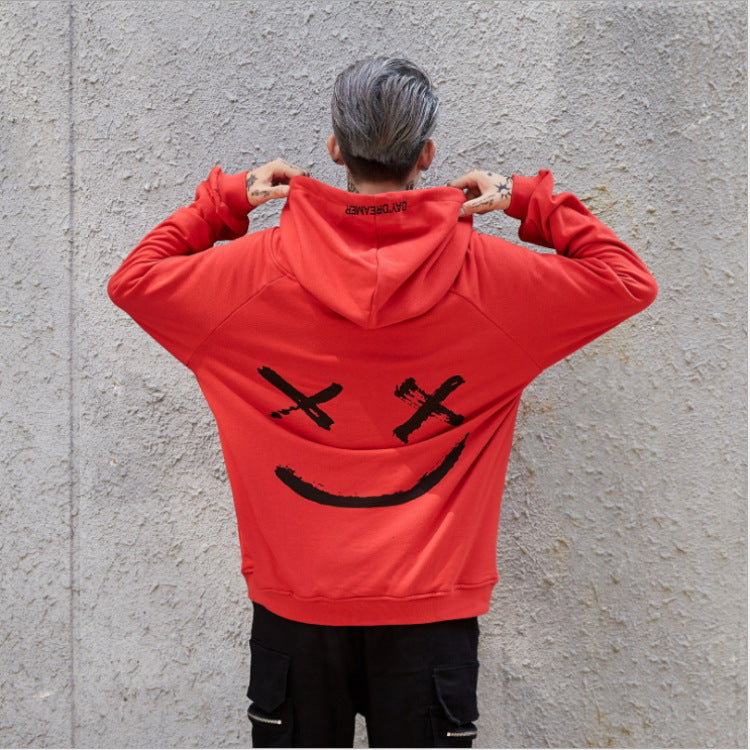 Men's Casual Fashion Color Matching Smiley Hoodie Long Sleeve Sports Hooded Top Men's Wear