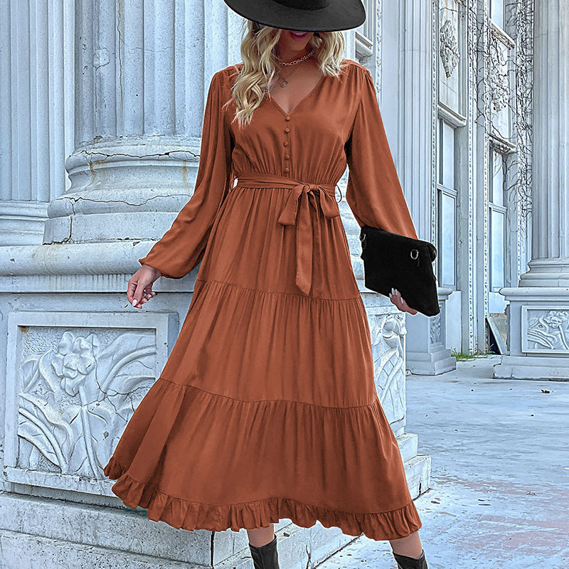 New Autumn And Winter New Fashion Women Long Sleeve Solid Color Dress