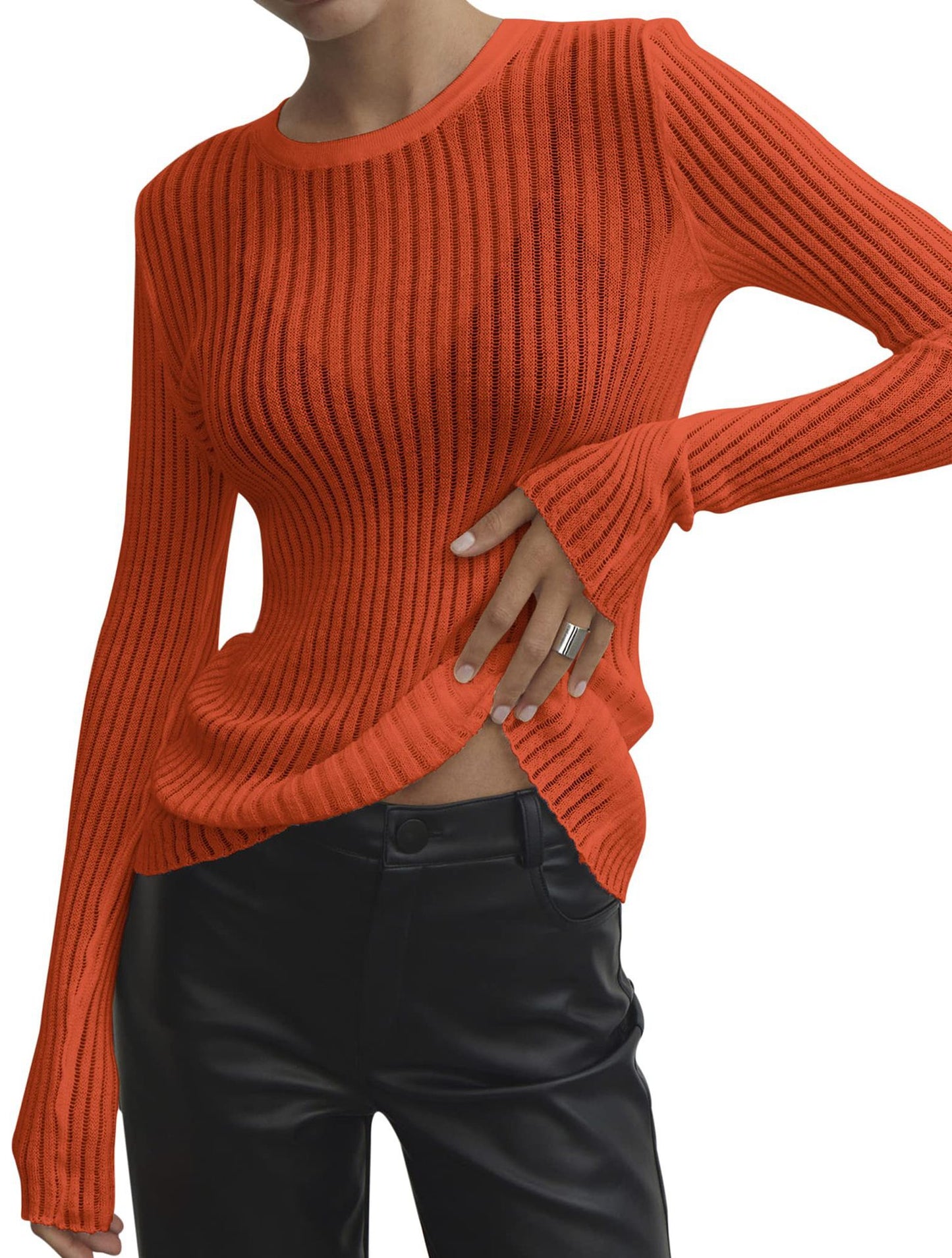 Spring And Summer New Solid Color Long Sleeve Pit Strip Round Neck Breathable Top For Women