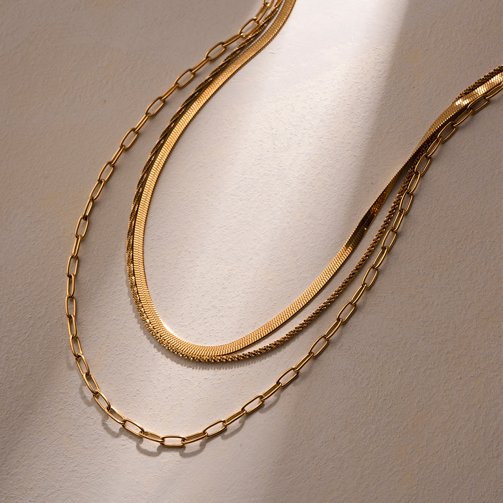 5pcs Necklace 18K Gold Stainless Steel Flat Snake Chain Sparkling Chain Paper Clip Chain Three Layer Necklace