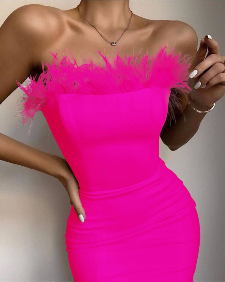 Fashion Bandage Feather Dress Stretch Slim-Fit Strapless Party Dress