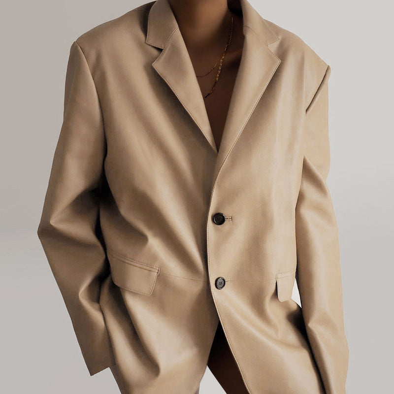 American Wind New Autumn And Winter New Pu Suit Jacket Loose Two Button Long Sleeve