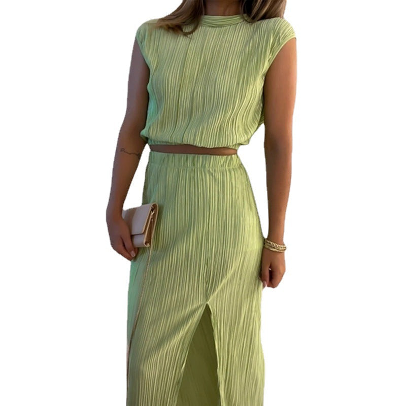 Women's Pleated Half High Neck Short Shirt High Waist Slit Mid-Length Skirt Two-Piece Set