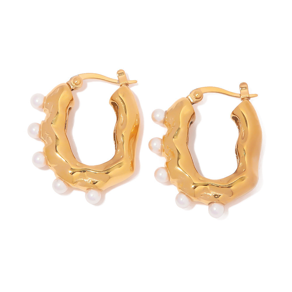 5pcs Jewelry 18K Gold Irregular Wave Texture Sense Frosted Texture Geometric Pearl Earrings
