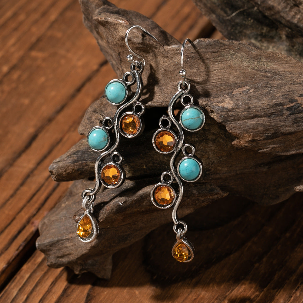 Retro Turquoise Diamond Set Fashion Fringe Long Women'S Earrings