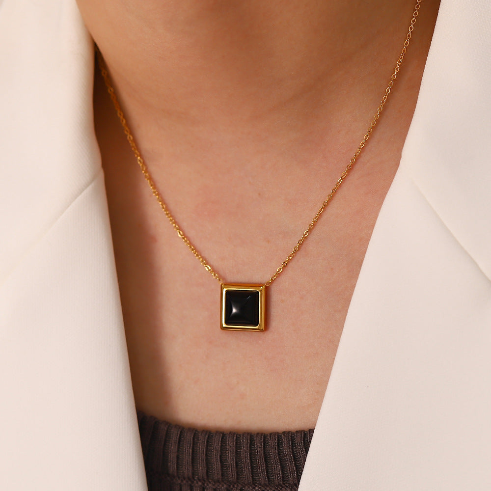 5pcs Cat's Eye Stainless Steel Square Earrings Necklace Female Style Fashion Niche Design High-Grade All-Match Titanium Steel Necklace