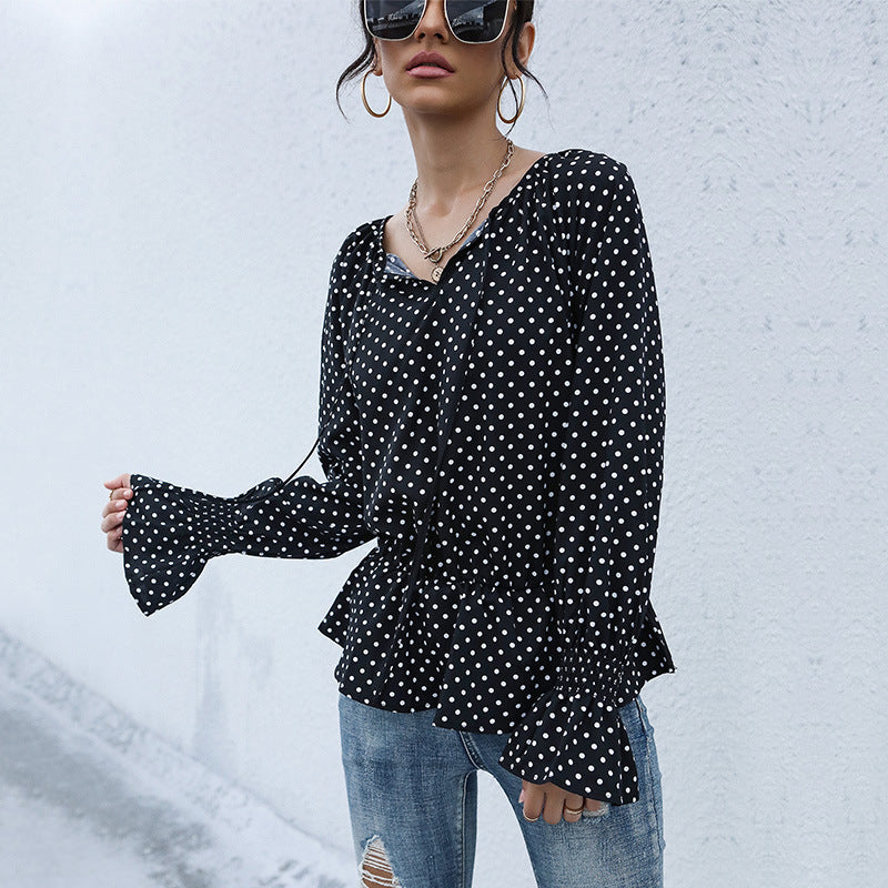 Fashion Women's Tie Black Polka Dot Long-Sleeved Shirt Women Spring And Autumn