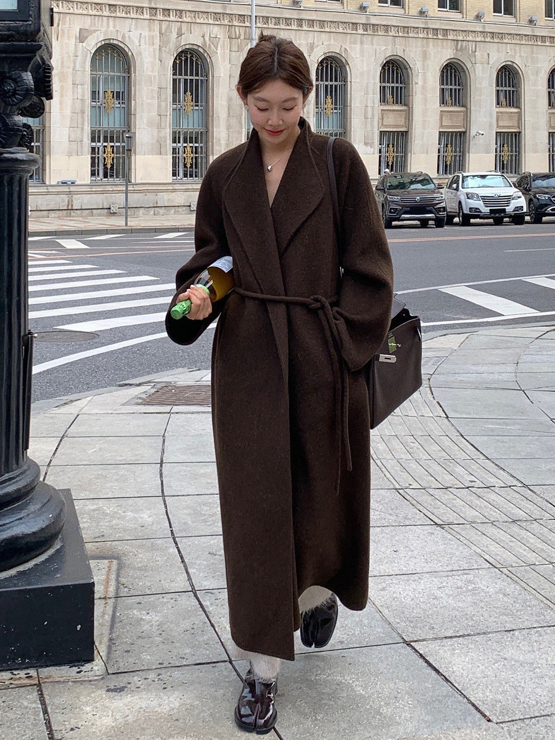 Autumn And Winter New Square Collar Plus Long Loose Bathrobe-Type Tie Long Wool Double-Sided Wool Coat For Women