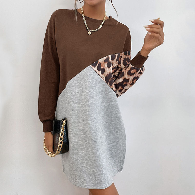 New Autumn New Fashion Women Long-Sleeved Leopard Hoodie Dress