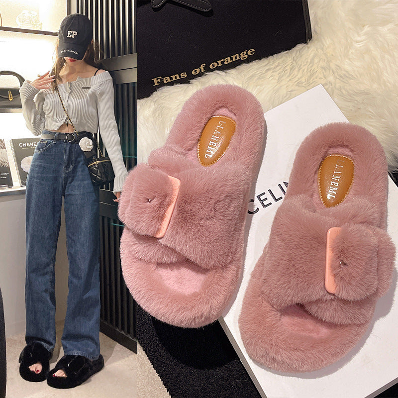Autumn And Winter New Word Buckle Inside The Cashmere Fashion Senior Sense Outside To Wear Female Furry Slippers