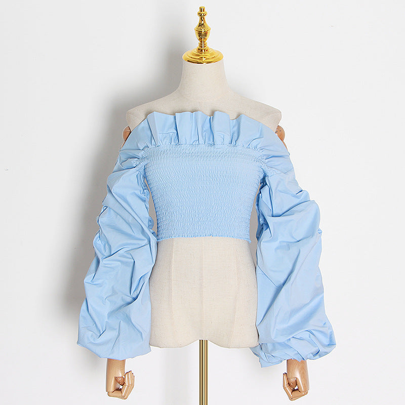 Ruffled Shirt Women's Spring Slim-Fit Solid Color All-In-One Lantern Neck Long Sleeve Slim-Fit Women's Short Shirt
