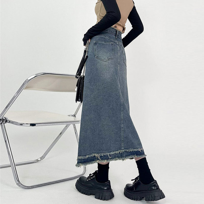Midi For Women Design Sense Influencer Niche Retro Fur-Trimmed High Fanny Pack Hip A-Line Denim Skirt Summer