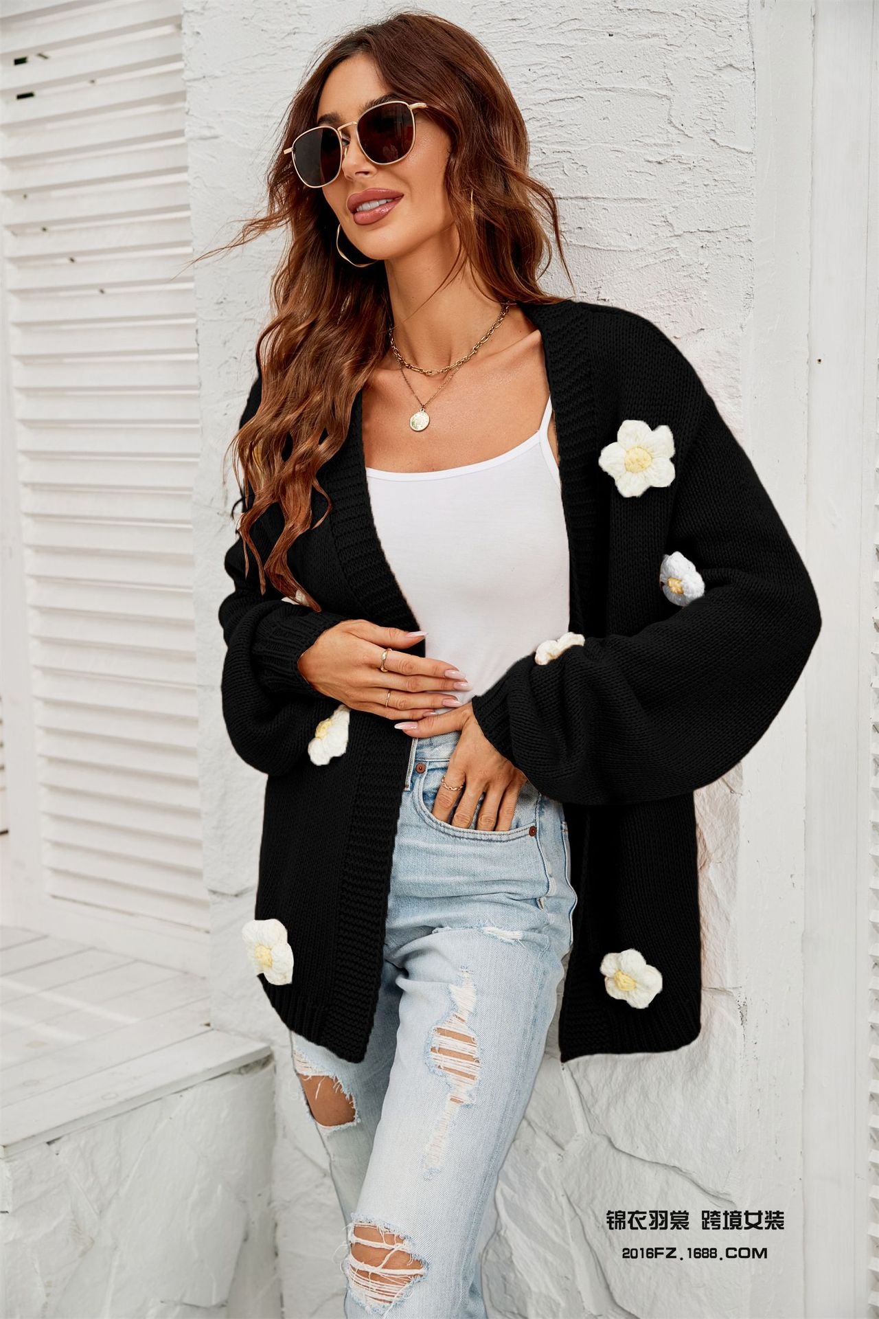 New Winter New Large Size Women's Clothing Flower Cardigan Lantern Sleeve Sweater Coat