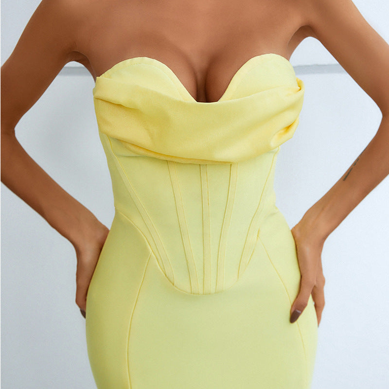 Wrap Hip Mid-Length Sheath Bandage Dress Female Fishbone Pleated Sexy Pile Collar Party Dress