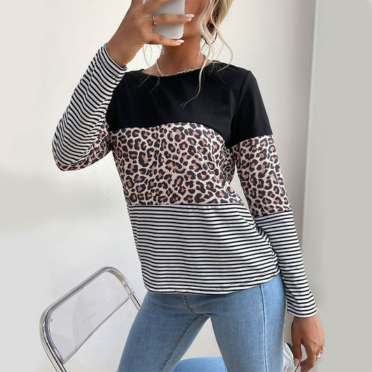 Autumn Contrast Color Leopard Print Round Neck T-Shirt for Women